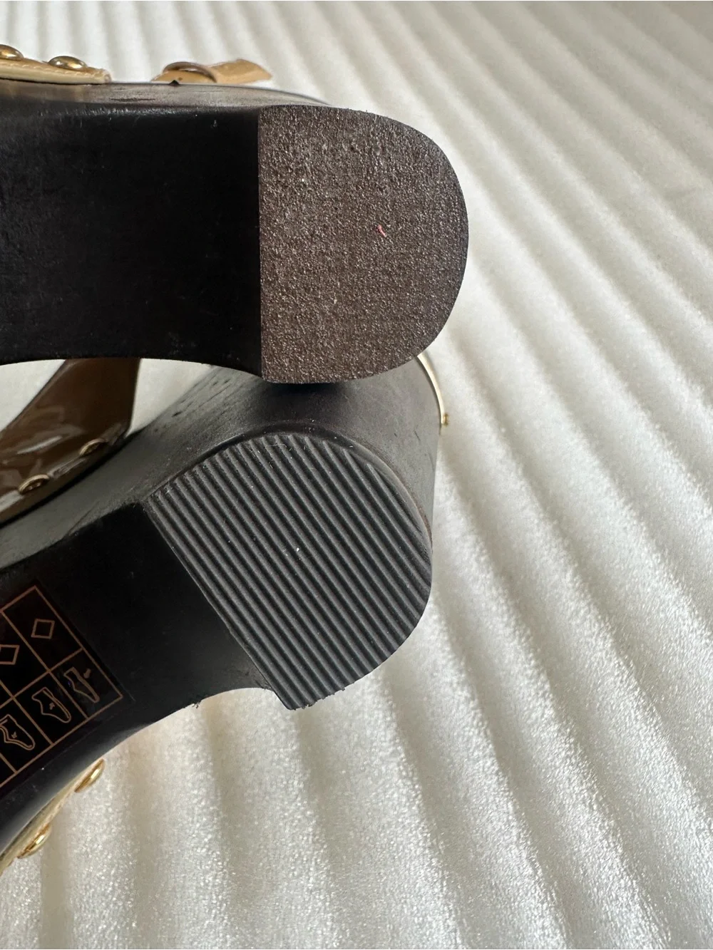 Michael Kors Tan Patent Wedge Sandals with Gold Stud Accents